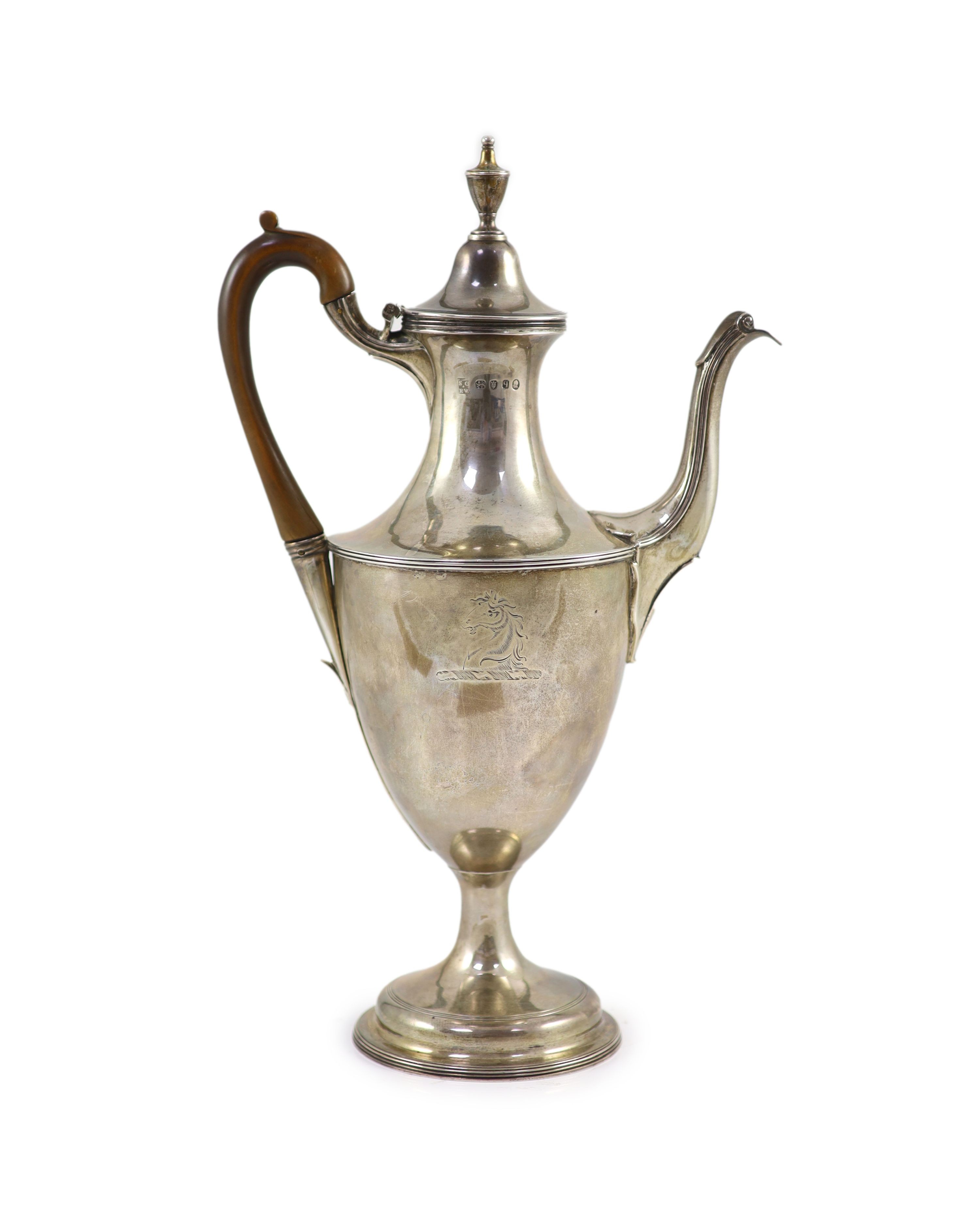 A George III silver urn shaped coffee pot by Godbehere & Wigan